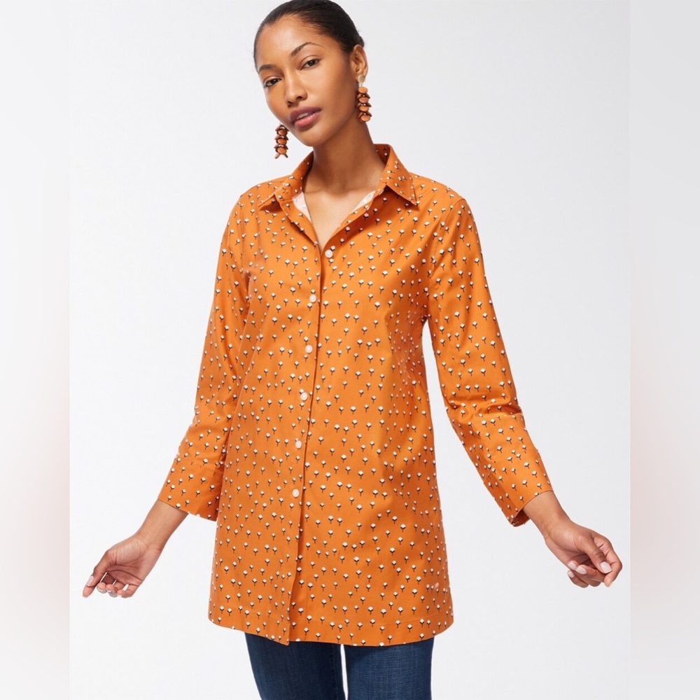 NWT Chicos No Iron Button Down Shirt Tunic Sz 0 Cotton Blossom Flower Pa…